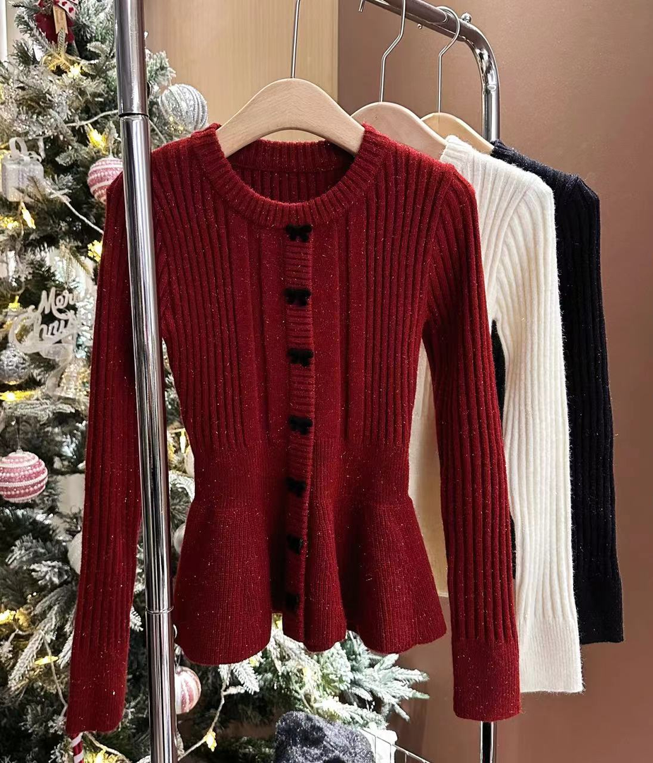 2024 solid color wool sweater ruffle hem knitted autumn and winter long-sleeved knitted slimming temperament shiny slim fit knitted sweater