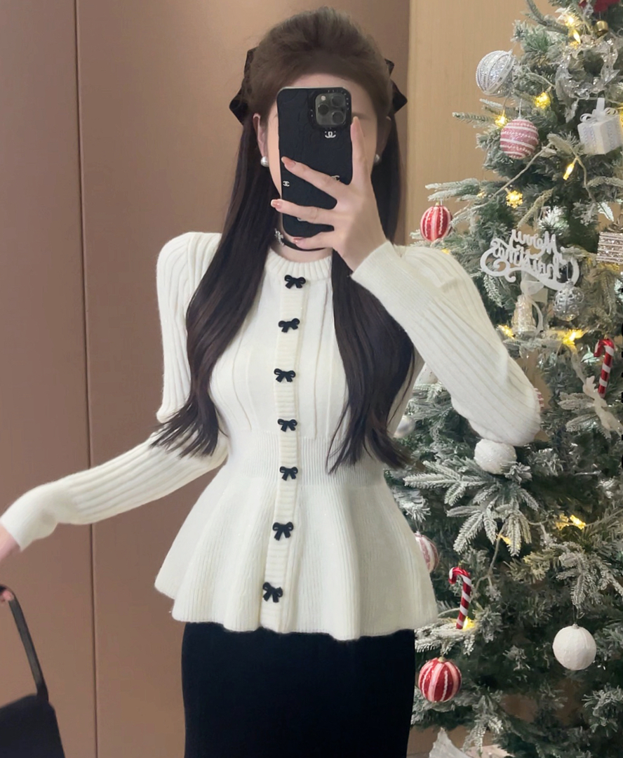 2024 solid color wool sweater ruffle hem knitted autumn and winter long-sleeved knitted slimming temperament shiny slim fit knitted sweater