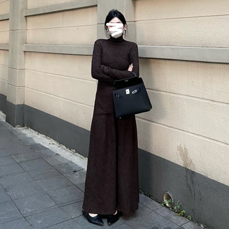 輕熟風咖色半高領毛衣套裝裙女秋冬季赫本風高腰半身毛線裙兩件套