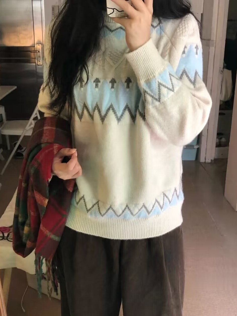 大碼法式學院風設計感圓領毛衣女秋冬慵懶風胖mm寬鬆軟糯針織上衣