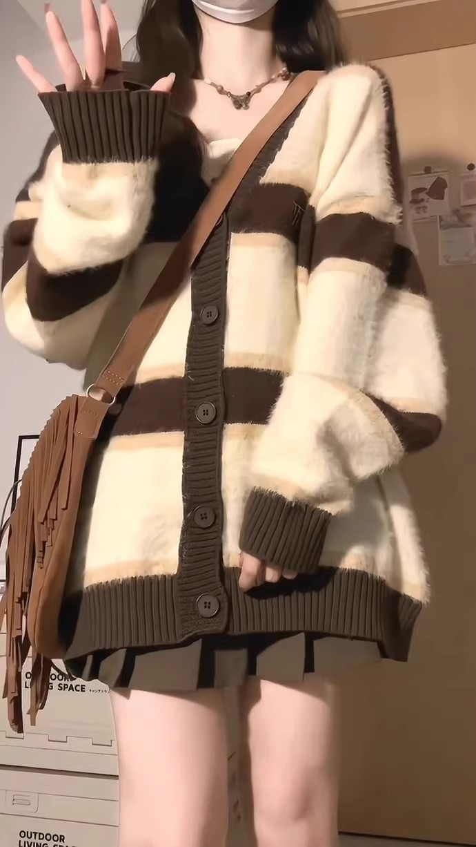 復古v領撞色條紋馬海毛毛衣女秋冬外穿奶fufu寬鬆慵懶風開衫外套