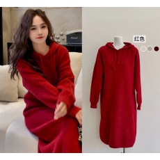 批发大码女装秋冬新款百搭<b class='q'>长袖</b>连帽<b class='q'>连衣裙</b>加厚中长款亮丝针织毛衣裙