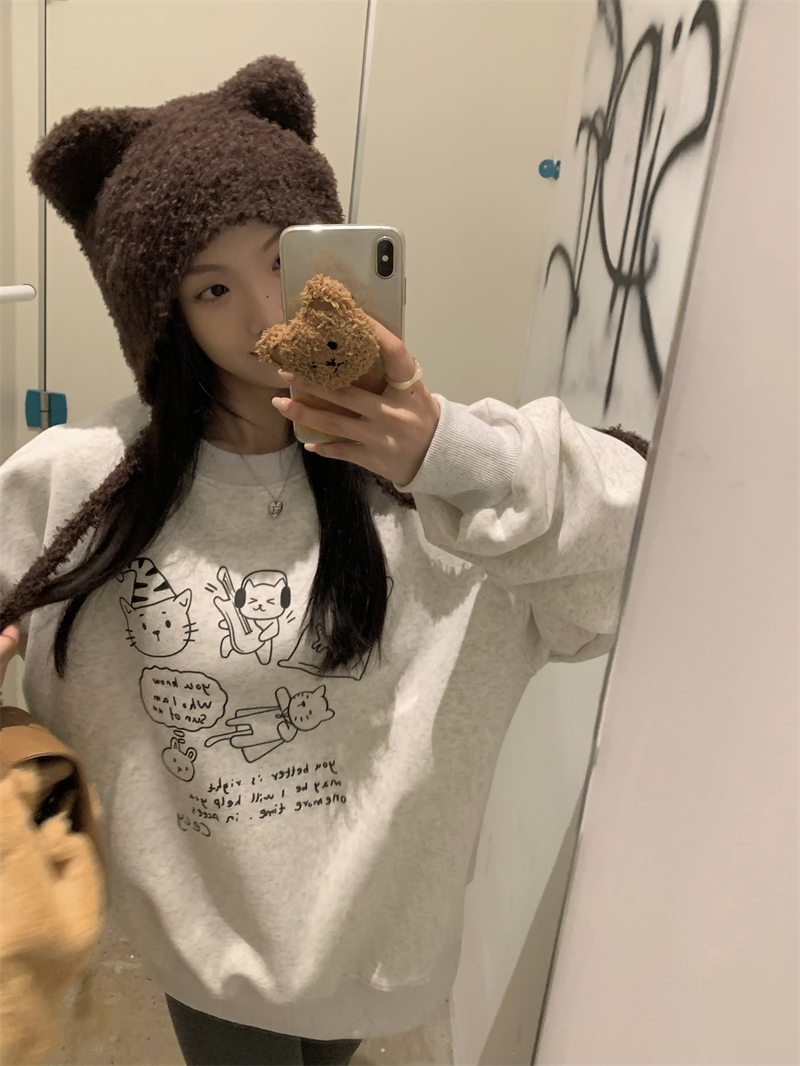 實拍~原創 甜酷可愛卡通貓咪印花加絨銀狐絨寬鬆圓領衛衣