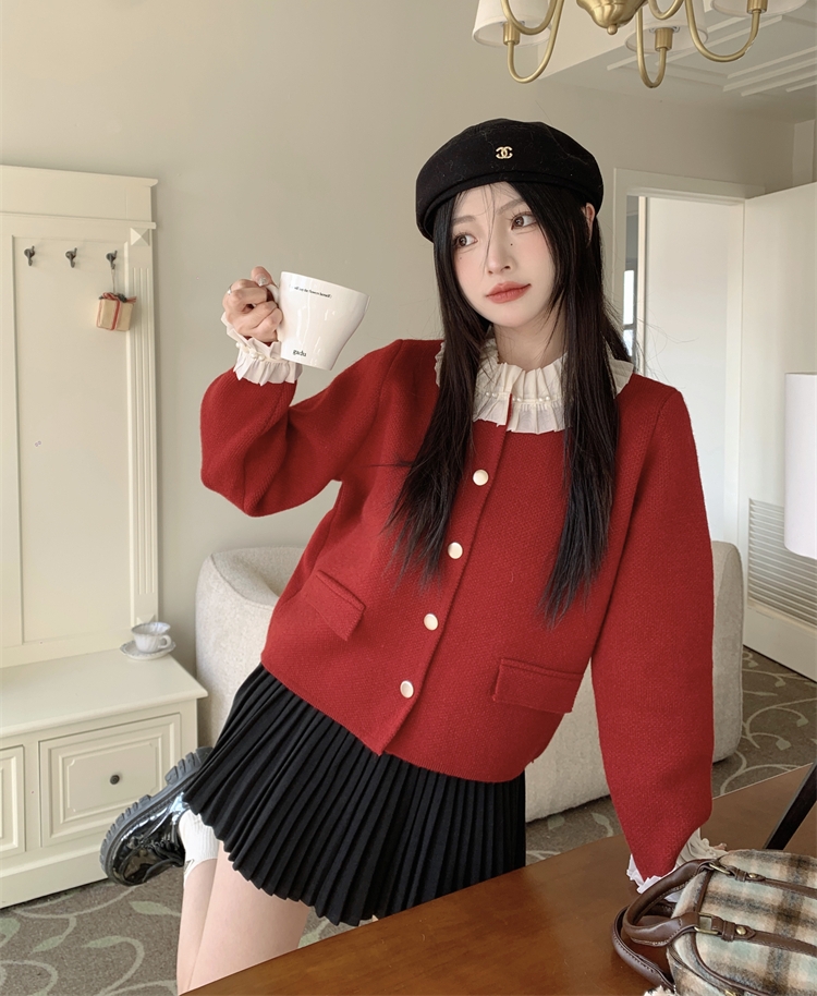 實拍 秋冬新款小香風聖誕紅拼接短款開衫毛衣外套女+百褶短裙