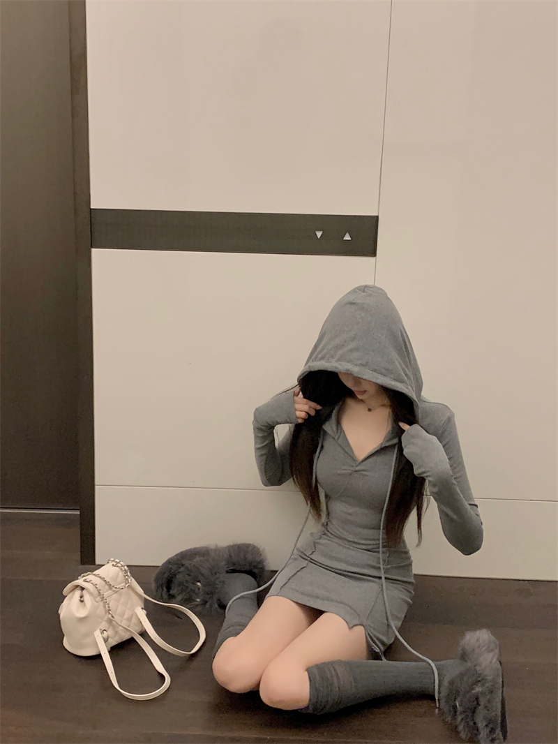 Korean hot girl small slit waist hooded dress female pure desire design temperament slimming versatile short skirt