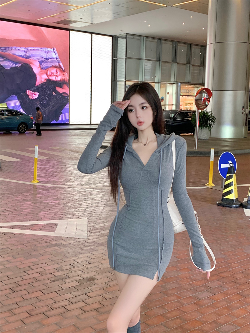 Korean hot girl small slit waist hooded dress female pure desire design temperament slimming versatile short skirt