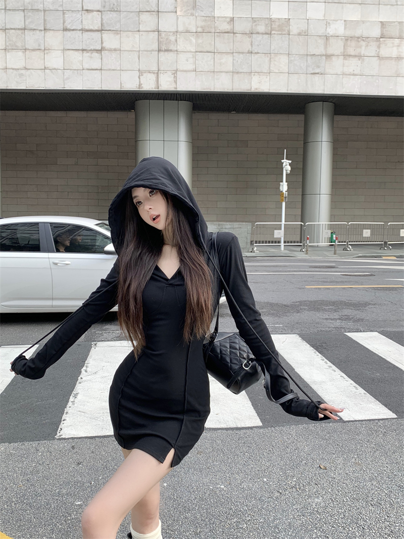 Korean hot girl small slit waist hooded dress female pure desire design temperament slimming versatile short skirt