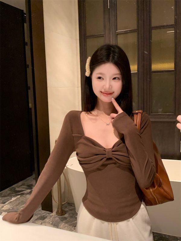 德絨1*1蝴蝶結長袖T恤女秋冬純欲風內搭獨特别致絕美短款打底衫