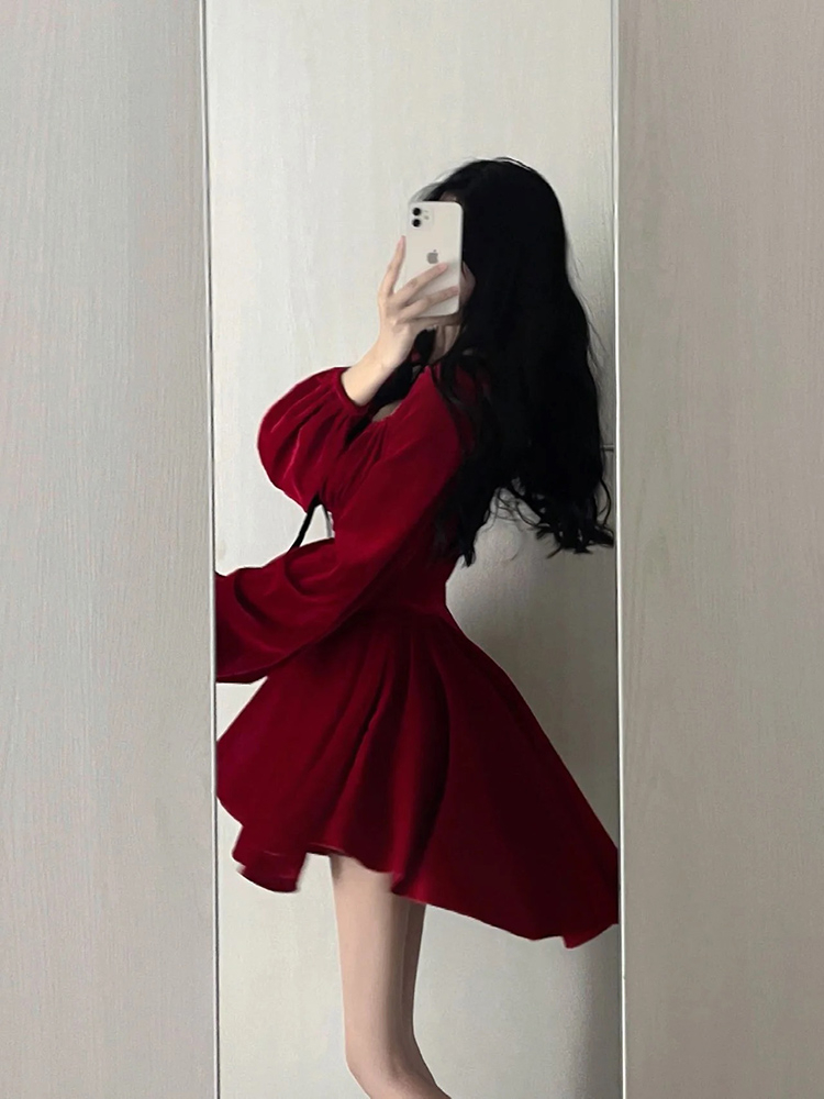 小個子高級感名媛氣質小香風紅色裙子絲絨小禮服公主連衣裙女秋裝