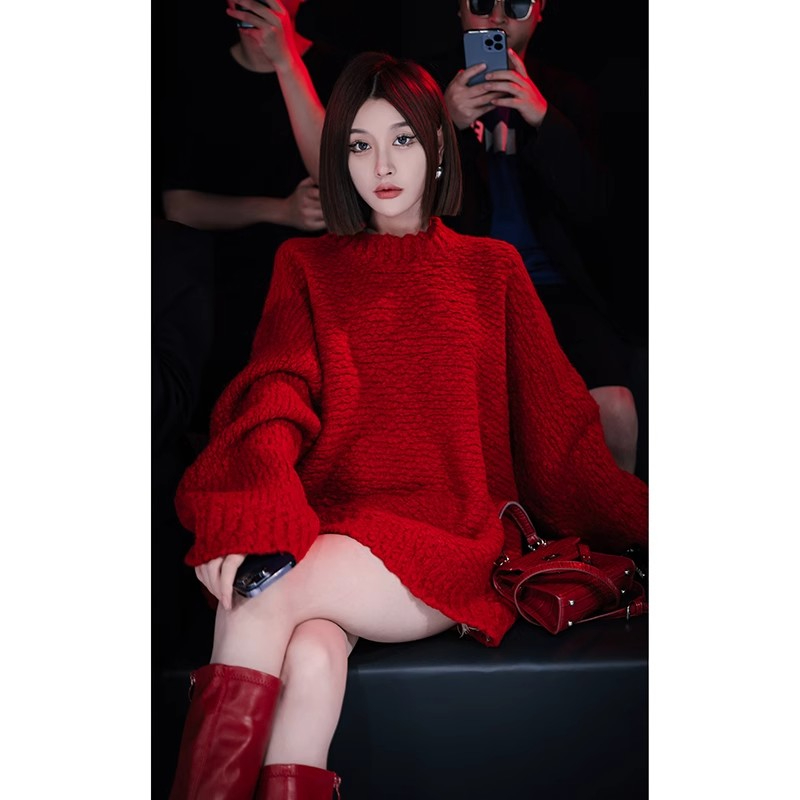 女士慵懶風套頭寬鬆紅色毛衣女秋冬2024新款高級感中長款上衣