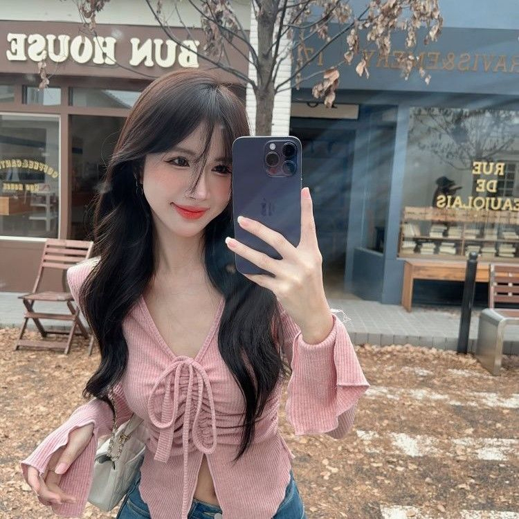 純欲風性感V領長袖T恤女綁帶不規則褶皺顯瘦打底衫設計感百搭上衣