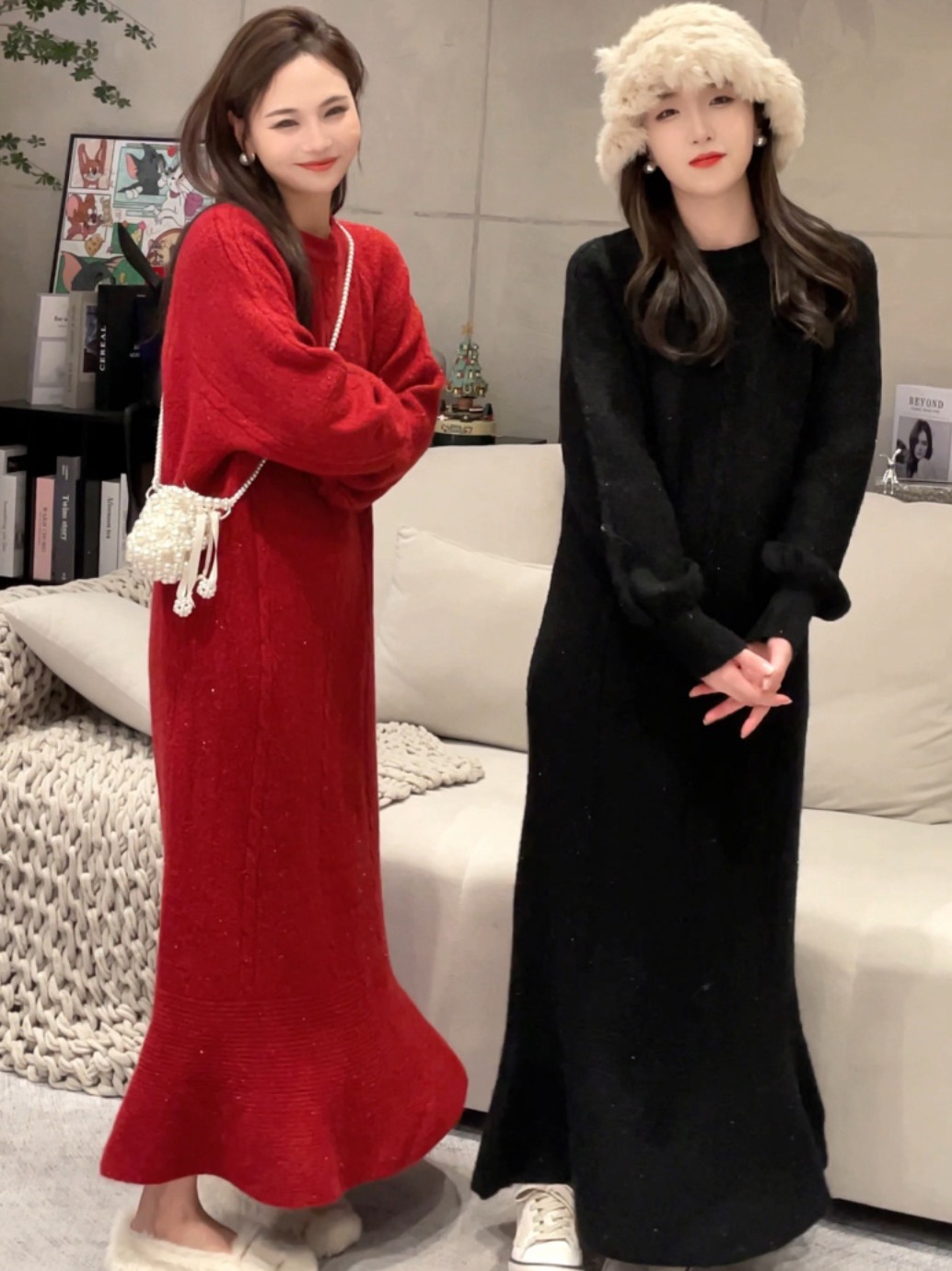 New Year and Christmas thickened sweater dress autumn and winter mid-length zodiac year atmosphere temperament fishtail skirt knitted skirt