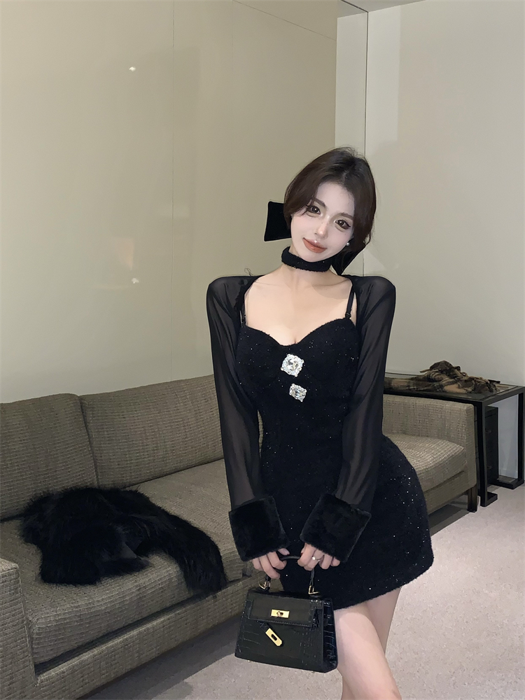 Real shot!  Sexy mesh long-sleeved shimmery hip-hugging short skirt autumn and winter temperament dress
