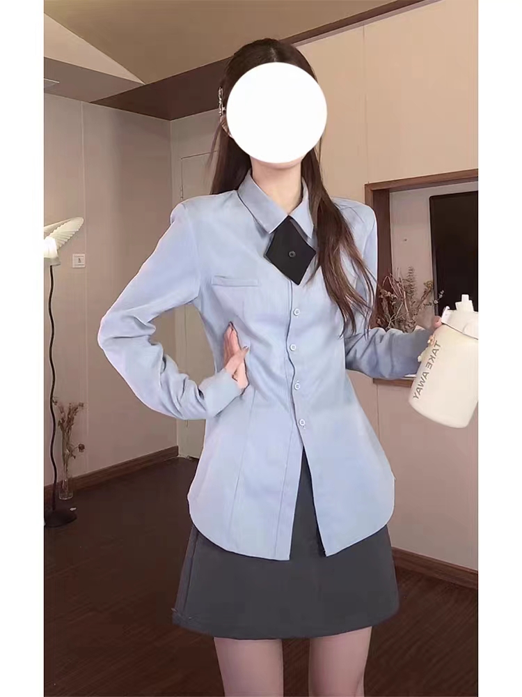 首爾藝術襯衫2023秋冬新款內搭長袖氣質法式設計女藍色襯衫