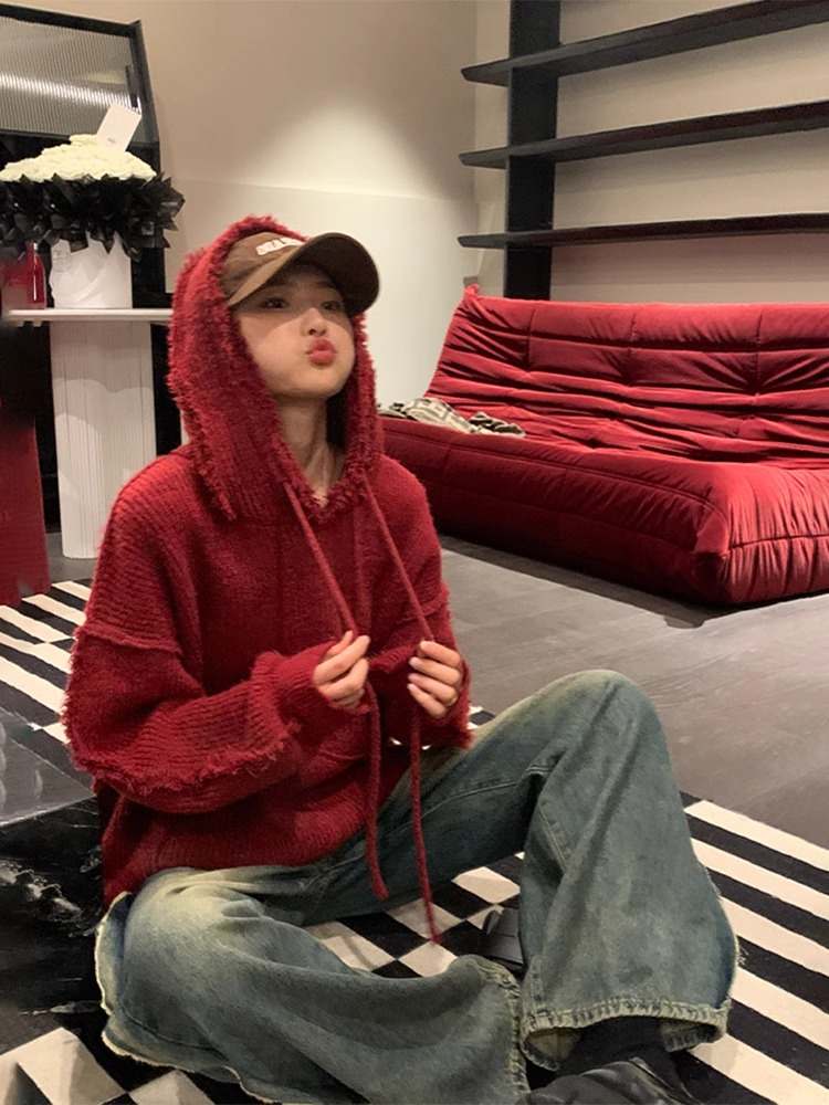 流蘇連帽軟糯毛衣女裝秋冬新款外穿慵懶風寬鬆顯瘦針織衫別致上衣