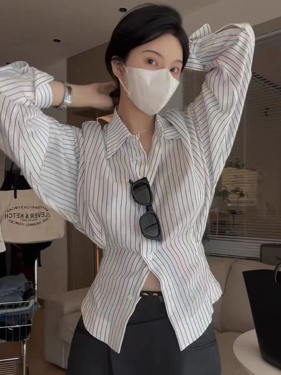 法式收腰條紋長袖襯衫女秋季新款百搭通勤休閒時尚輕奢氛圍感上衣