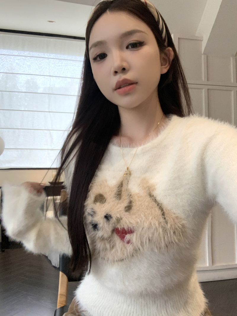 Real shot~Puppy imitation mink round neck Christmas sweater crop top winter warm sweater