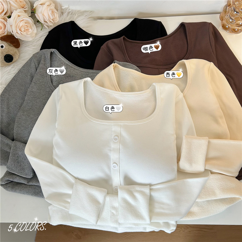 Real shot!  Winter warm brushed plus velvet thickened square collar clavicle slim long-sleeved top