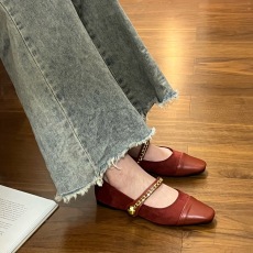 批发设计感法式复古拼接平底玛丽珍方头一字带链条<b class='q'>春</b>款平底小单鞋