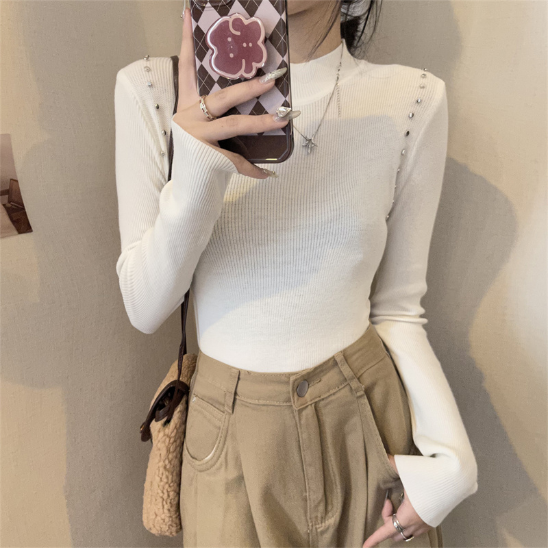 Real shot of autumn and winter new beaded hollow out slim fit versatile bottoming sweater women's sweater inner top