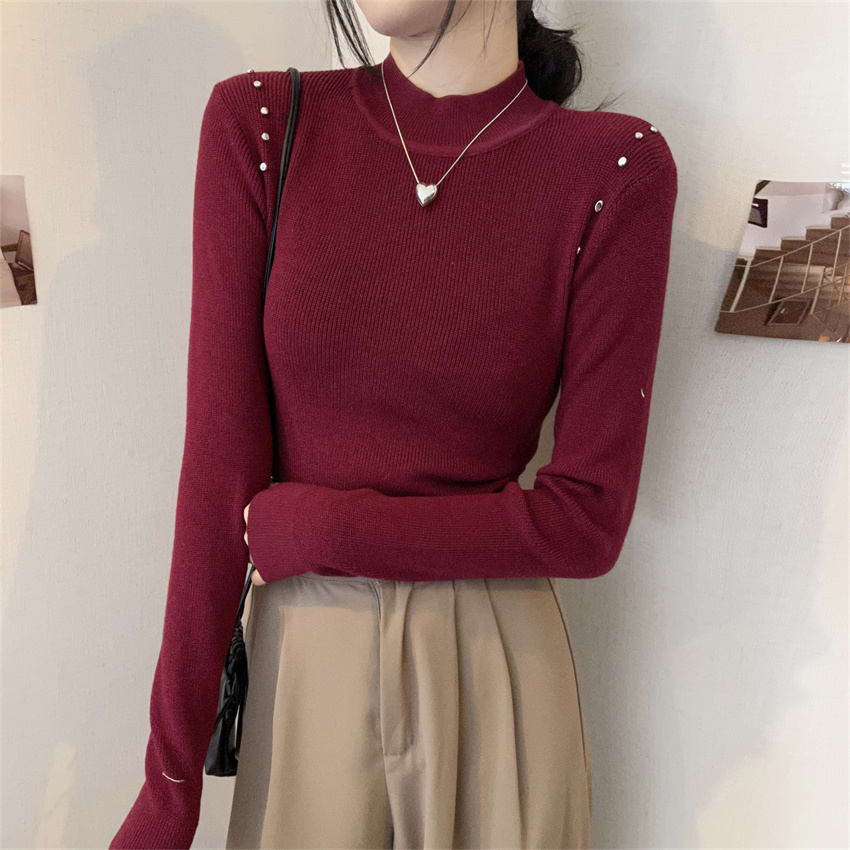 Real shot of autumn and winter new beaded hollow out slim fit versatile bottoming sweater women's sweater inner top