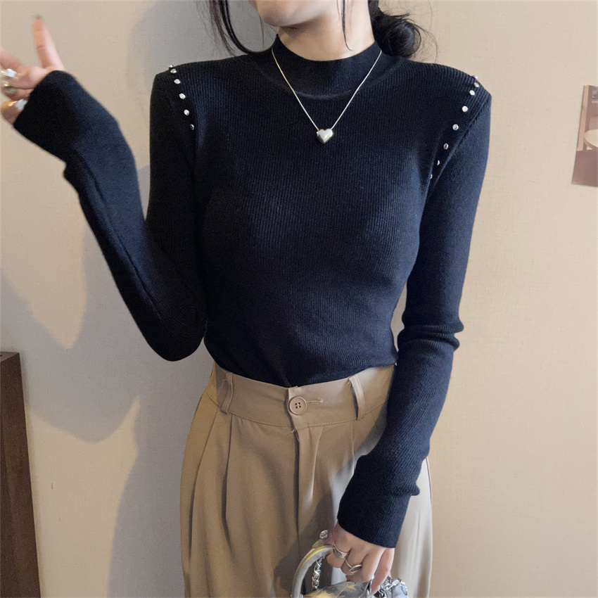 Real shot of autumn and winter new beaded hollow out slim fit versatile bottoming sweater women's sweater inner top