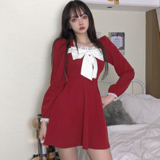 批发韩国外贸学院风蝴蝶结<b class='q'>连衣裙</b>女<b class='q'>蕾丝</b>拼接公主袖高腰修身显瘦A字裙