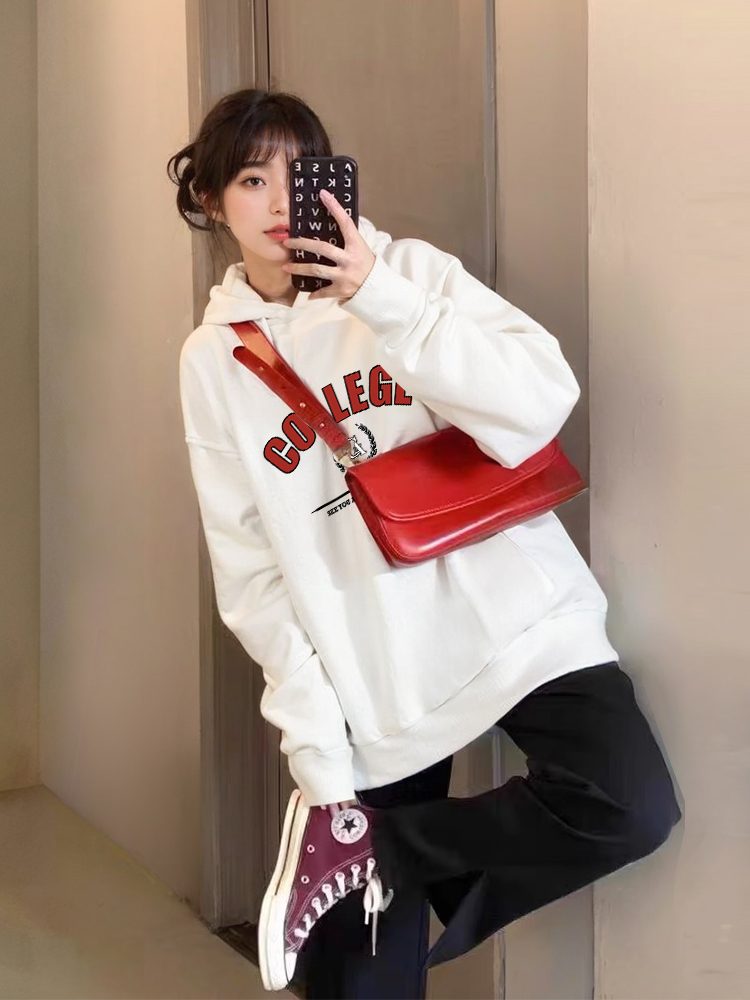 Official photo Korean style popular lazy white sweatshirt for women  new autumn and winter style velvet thickened jacket hooded top