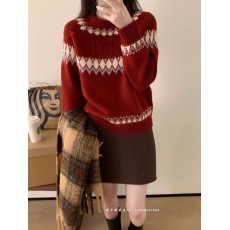 批发韩<b class='q'>范</b>甜美民族风提花圆领针织衫宽松百搭软糯减龄毛衣潮