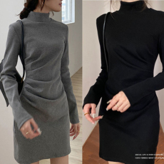 批发韩国外贸高领打底连衣裙女早春气质褶皱修身收腰显瘦内搭包臀裙子