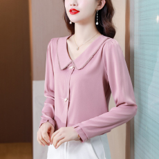 批发实拍2026春季新款时尚宽松上衣<b class='q'>长袖</b>POLO领淑女真丝纯色衬衫