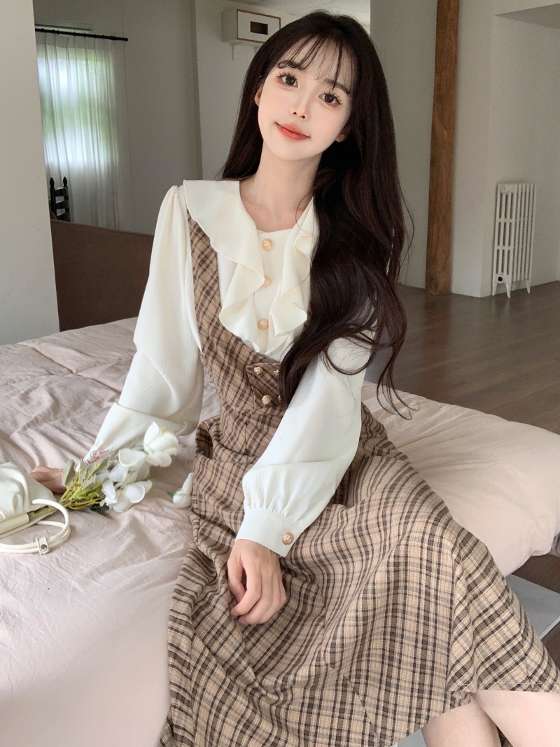 빅 사이즈 여성 의류 프랑스식 레트로 체크무늬 프릴 셔츠 페이크 레이어드 드레스 가을 겨울 슬림해 보이는 표지 고기 롱 스커트