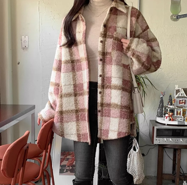 한국 스타일 가을 겨울 양털 셔츠 중간 길이 폴로 칼라 배색 서클 털 재킷 루즈핏 체크무늬 모직 코트 여성