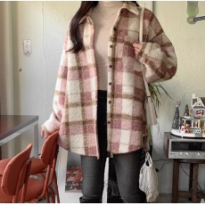 批发韩版秋冬羊羔毛衬衫<b class='q'>中长款</b>翻领撞色圈圈毛外套宽松格子毛呢大衣女