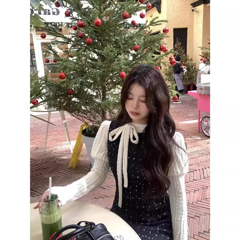 sasaouni高級感小香風毛呢背心連衣裙女冬新年戰袍千金感短款裙子