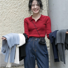 批发红色软糯polo领针织打底衫女春季小个子设计感慵懒风修身内搭上衣