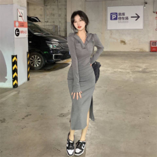 批发<b class='q'>韩国</b>外贸辣妹修身连帽长袖<b class='q'>连衣裙</b>女春季显瘦开叉包臀内搭打底长裙