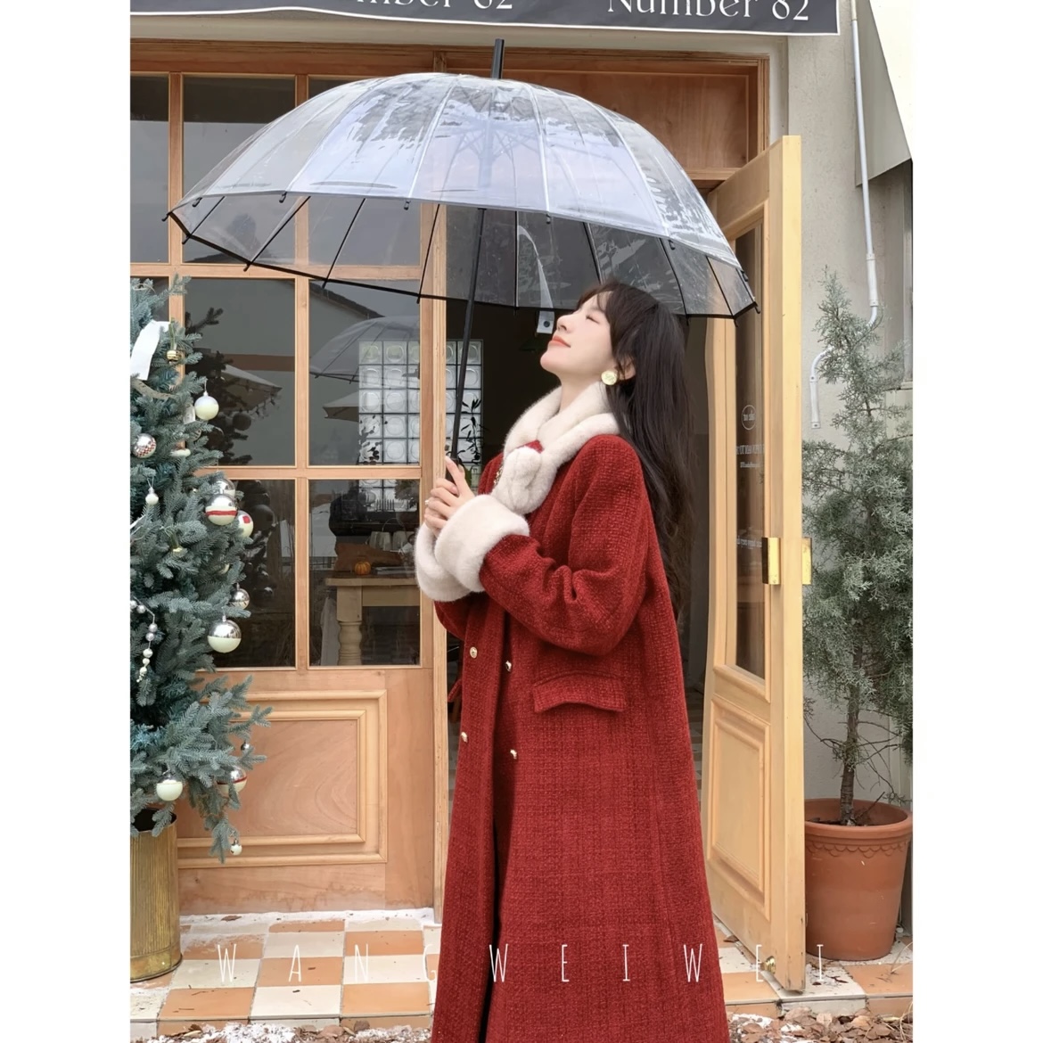 冬季新款新年紅聖誕氛圍感紅色設計感外套中長款夾棉加厚