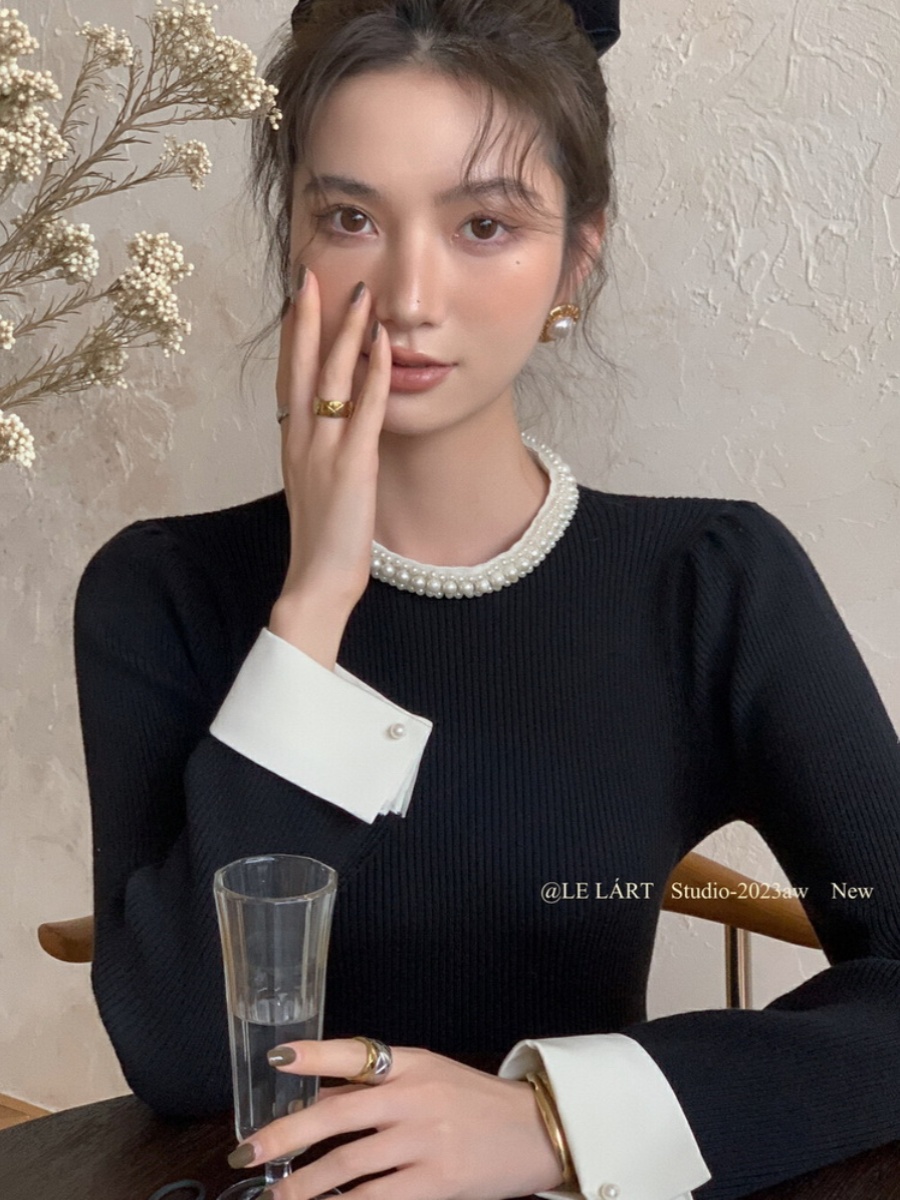 LELART 法式富家千金上衣高級感輕奢珍珠領修身赫本針織衫女毛衣