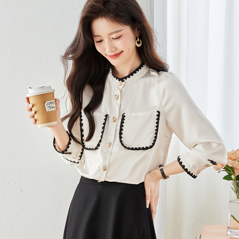 MY16572# 新款撞色边立领小香风衬衫女设计感小众百搭简约上衣女裝貨源...