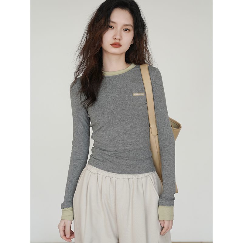 Contrast color splicing fake two-piece pullover T-shirt new winter layered warm long-sleeved bottoming shirt top