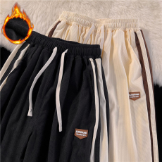批发侧边条纹撞色灯芯绒休闲裤男秋冬季新款百搭宽松直筒运动阔腿长裤