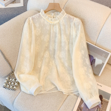批发实拍 法式半高领木耳边钉珠衬衫女时尚钉珠洋气蕾丝小衫<b class='q'>上衣</b>