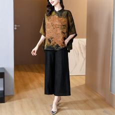 批发花罗香云纱上衣女2024新款夏专柜正品桑蚕丝真丝套装女大码显瘦