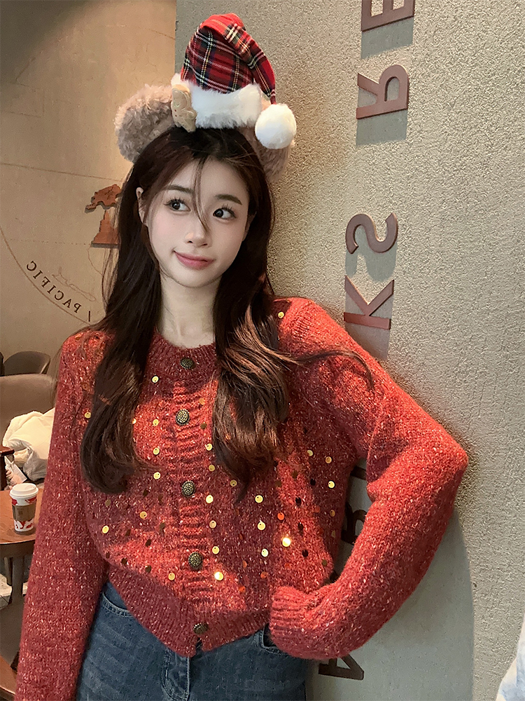 Actual shot of early spring Korean chic sequined short sweater cardigan sweater