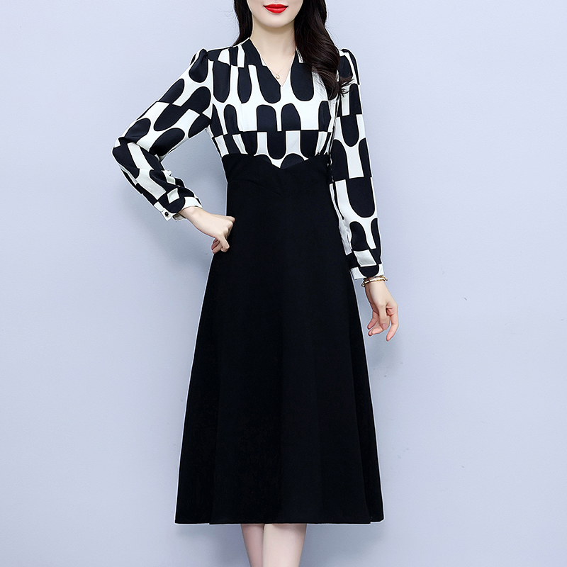 MY13028# 黑色拼接假两件连衣裙女高级感显瘦新款气质减龄长裙子女裝貨...