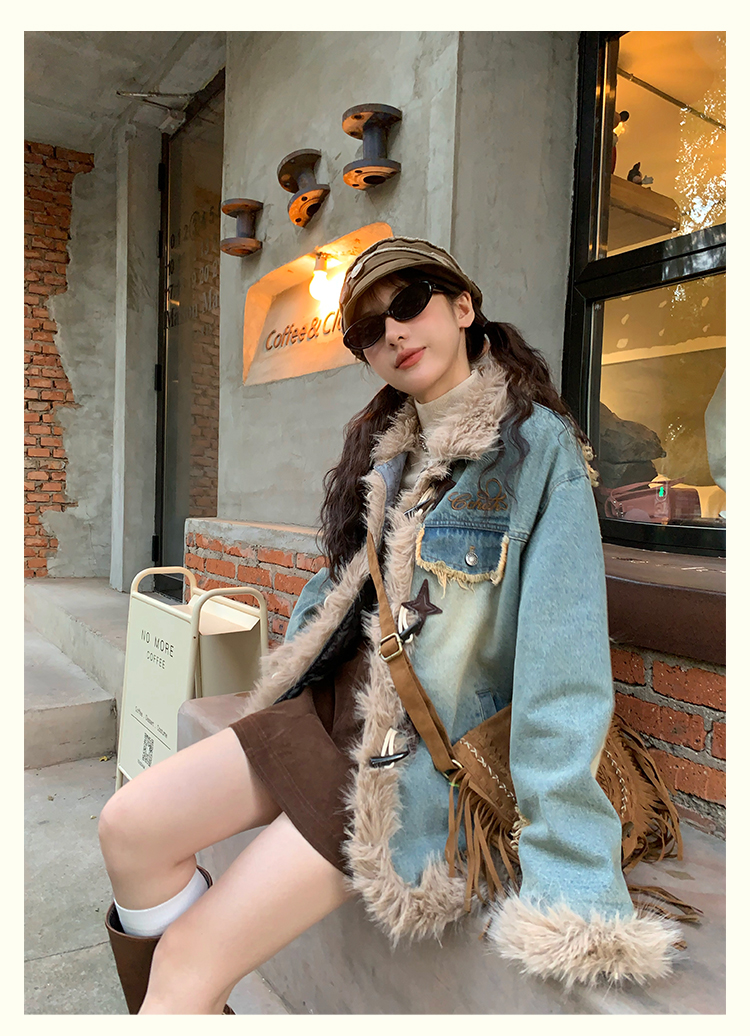 CCKOK retro distressed ripped raw edge denim quilted jacket 2023 autumn and winter new niche design cotton jacket for women