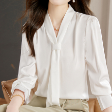批发2026春装新款V领飘带衬衫女设计感小众<b class='q'>职业</b>高级感通勤上衣