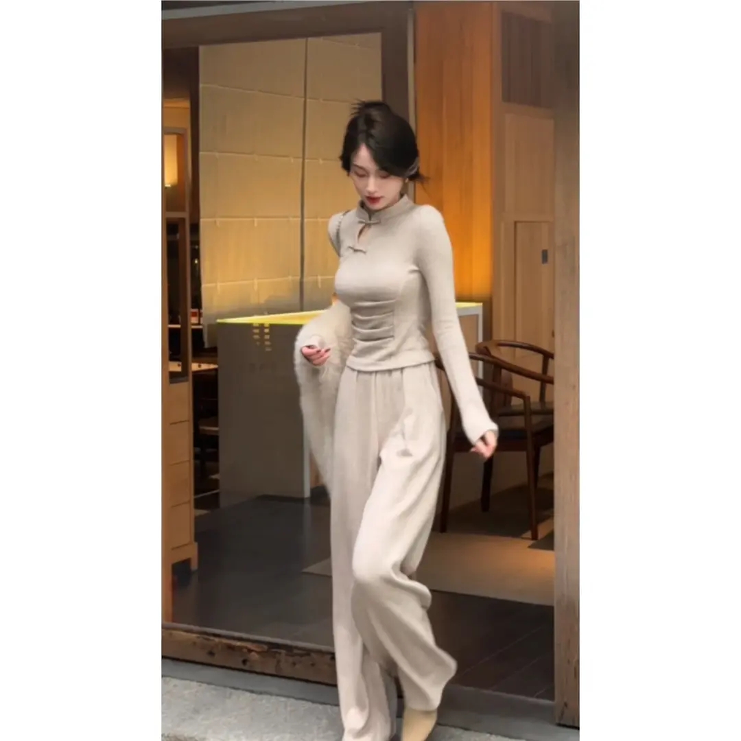 Mumujia Autumn and winter new Chinese button design top + high waist wide leg trousers