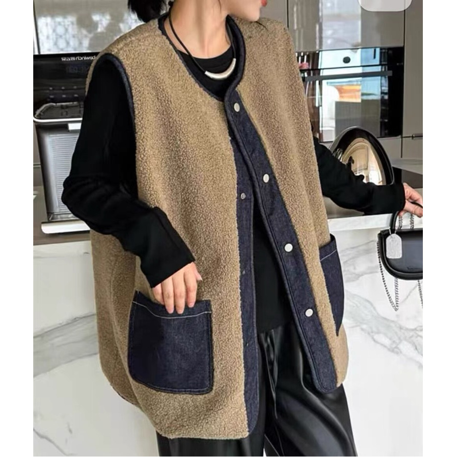 Lamb wool vest for women's outer wear autumn and winter  new Korean loose and versatile denim vest jacket for small people